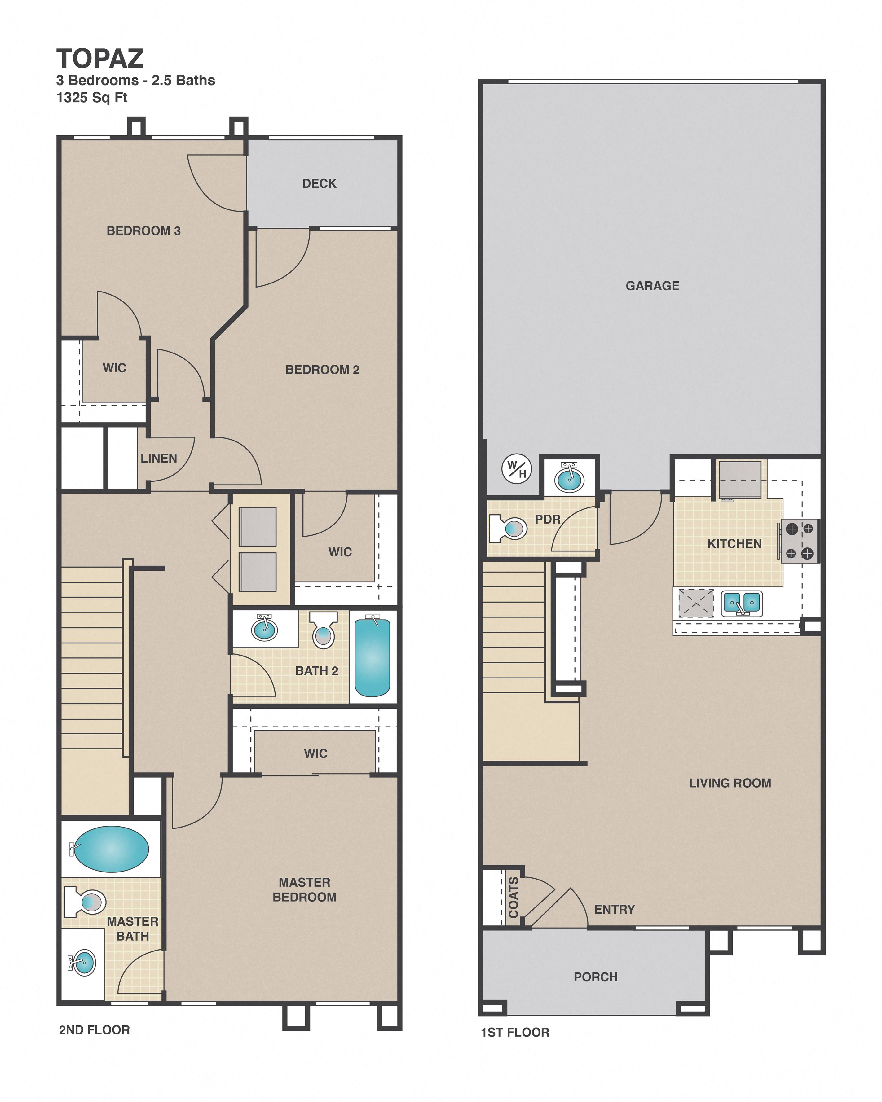 Floor plan for 3 beds, 2.5 baths, 1325 sqft